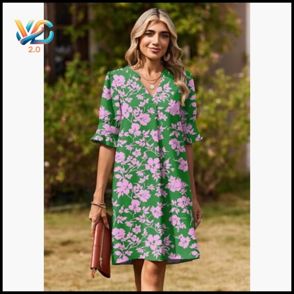 V-Neck Ruffle Sleeve Shift Dress, Polyester Casual Summer Mini - Picture 3 of 7